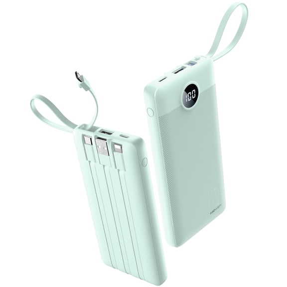 Portable Chargers 10000mAh, Slim Travel Essentials Power Bank, 5 Outputs 2 Inputs LED Display External Battery Pack with Built-in Cables Compatible with iPhone/Android & More (Teal)