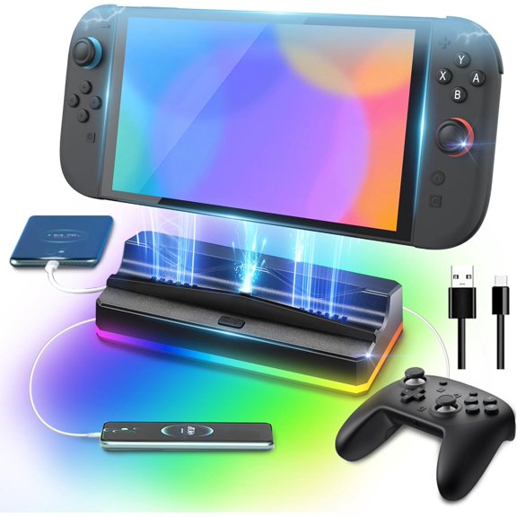 Portable Charging Dock Stand with Cooling Fan Compatible with Switch 2 2025, RGB Charger Docking Station with 3 USB Ports, USB Cable, Easy Console and Switch 2 Pro Charging (NO HDMI Port)