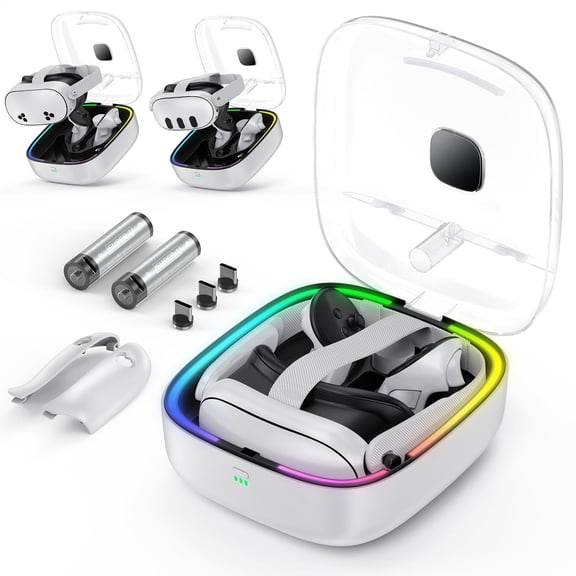 Portable Charging Storage Case for Meta Quest 3/Quest 3S with RGB LED Light, Charging Dock for Quest 3 Accessories, Magnetic Charging Station for Meta Quest 3 VR Headset with 2 Batteries