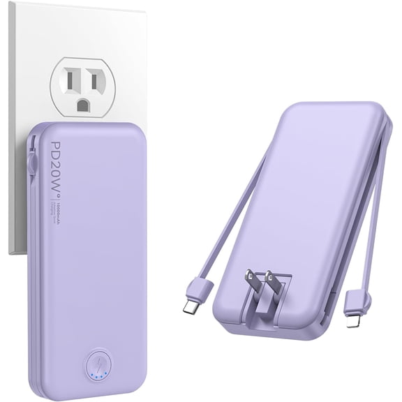 Portable Charr 10000mAh PD20W w/Built-in Cables & Wall Plug Purp. | PD20W Fast Charging, Battery Indicator, Pass Through Charging, TSA Approved, Compact/Slim, Power Bank for iPhone/iPad/Samsung