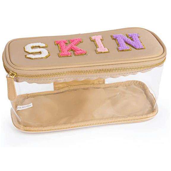 Portable Chenille Letter Clear Preppy Makeup Zipper Bag Waterproof Foldable Organizer Travel Storage Purse For Vacation Travel, Bathroom-Khaki