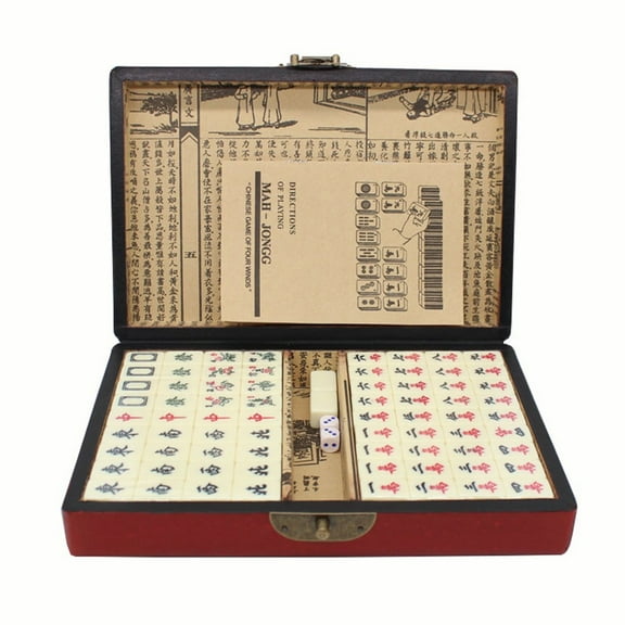 Portable Chinese Mahjong Set with 2 Pcs Dice Wooden Carrying Case for Travel Game