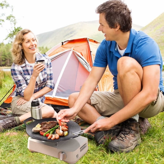 Portable Circular Non-Stick Iron Grill Pan, Multi-Functional Baking Tray for Outdoor Picnics and Barbecues, Black