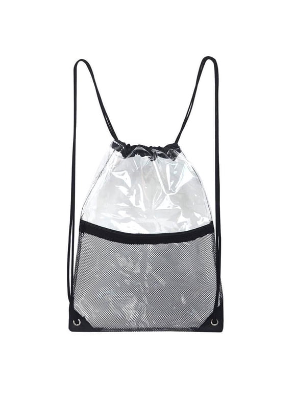 Portable Clear Drawstring Bag PVC Drawstring Backpack with Front Zipper Mesh Pocket