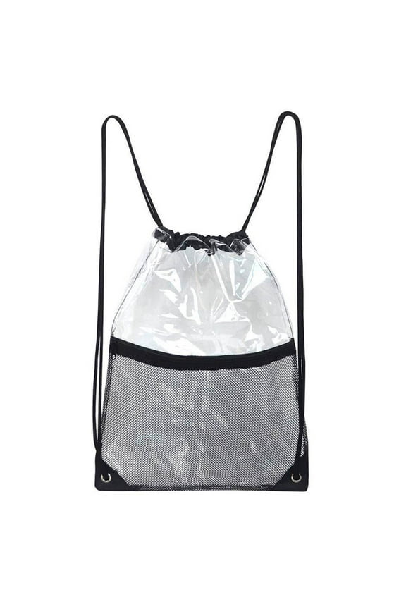 Portable Clear Drawstring Bag PVC Drawstring Backpack with Front Zipper Mesh Pocket