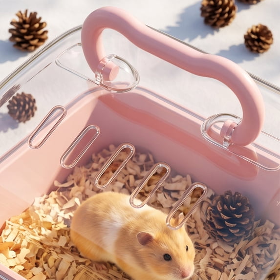 Portable Clear Hamster Cage with Carrying Handle, Deluxe Panoramic Habitat for Syrian Dwarf Hamsters Gerbils Mice, Ventilated Travel Carrier with Water Bottle, ABS Plastic Material