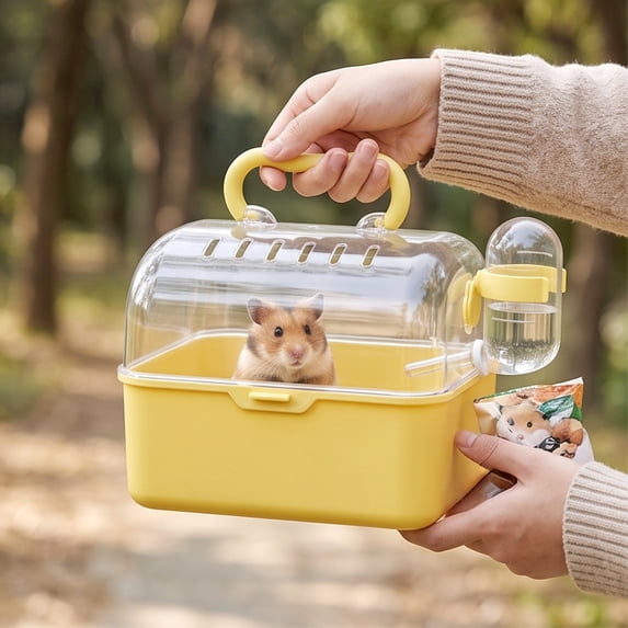 Portable Clear Hamster Cage with Carrying Handle, Deluxe Panoramic Habitat for Syrian Dwarf Hamsters Gerbils Mice, Ventilated Travel Carrier with Water Bottle, ABS Plastic Material