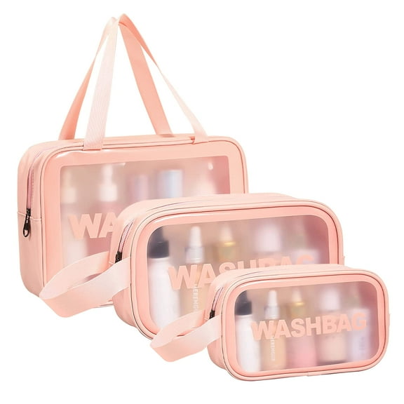 Portable Clear Toiletries Bag, Waterproof Toiletry Travel Bag,3 Pcs Travel Storage Carry Pouch for Travel Bathroom Men and Women(pink)
