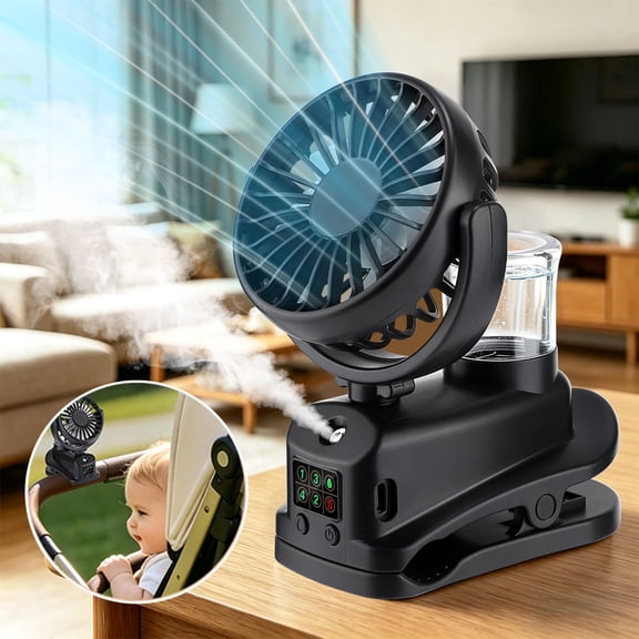 DREAMSOME 2 in 1 Clip Fan with Mist, 4 Speeds & LED Display, 360° Rotating, 1200mAh Stroller Fan, Black
