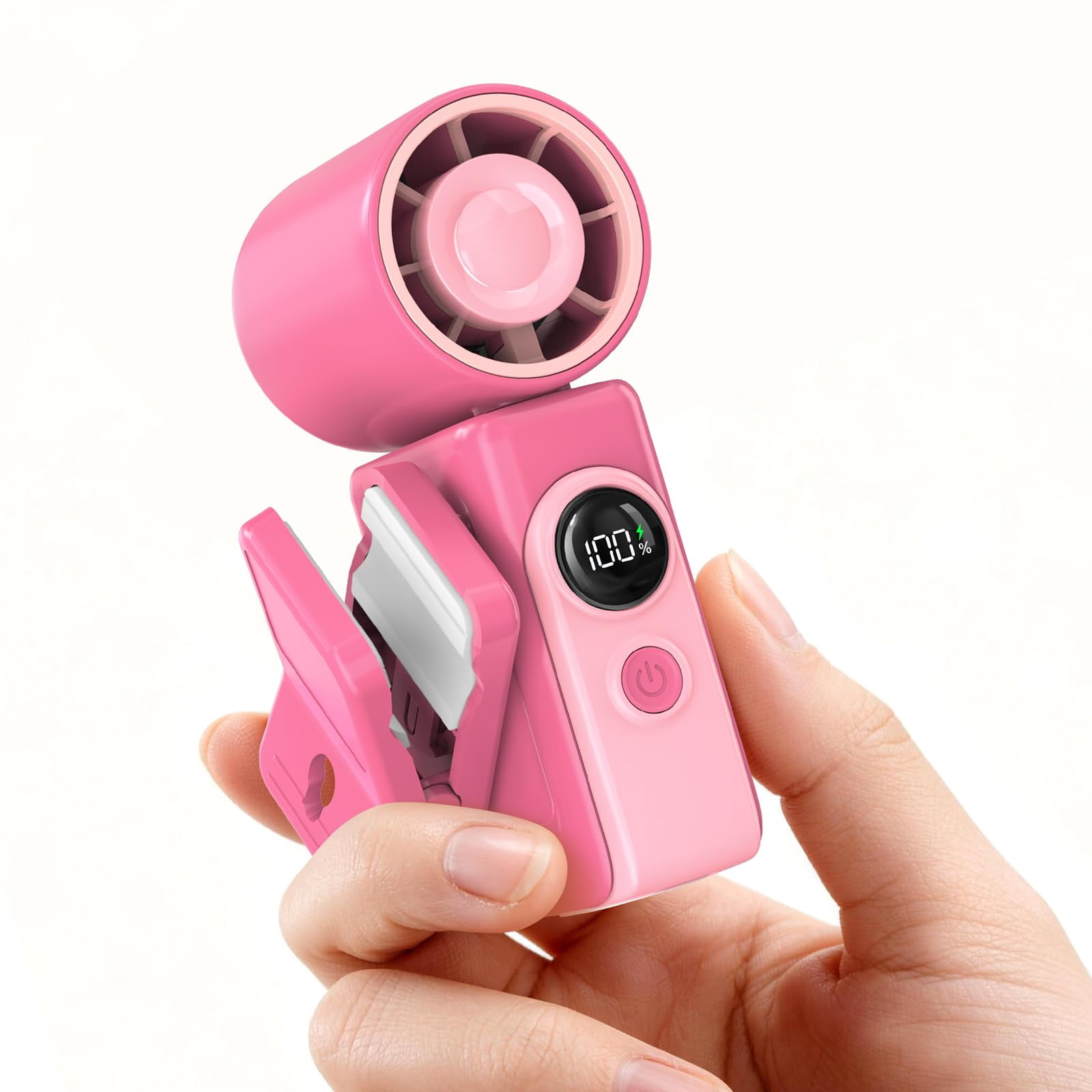 Portable Clip-On Mini Fan, Hands-Free, Turbo Personal Handheld Fans Rechargeable w/4 Wind & LED Display, Pocket Size Summer Cooling Essentials for Travel/Eye Lash/Beach/Concert, Gifts for Women(Pink)