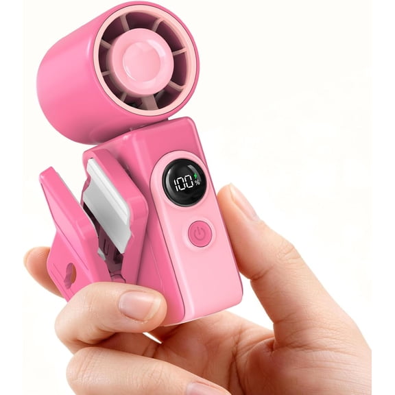 Portable Clip-On Mini Fan, Hands-Free, Turbo Personal Handheld Fans Rechargeable w/ 4 Wind & LED Display, Pocket Size Summer Essentials for Travel/EyeLash/Beach/Concert, Gifts for Women Men Hot Pink