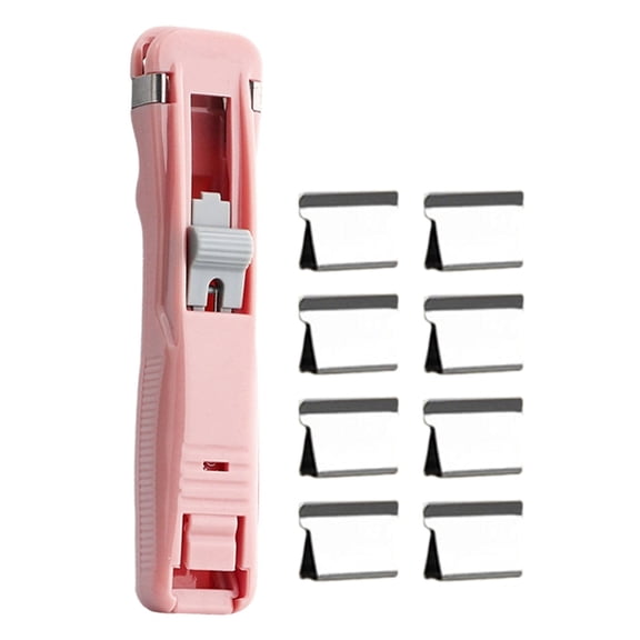 Portable Clip Stapler, Oimcto One-Slide Quick Binding tool, No Staples & Holes, Reusable Stainless Steel Clips, One-Hand Operation for Home, Office & Classroom, Binds Up to 40 Sheets, Pink