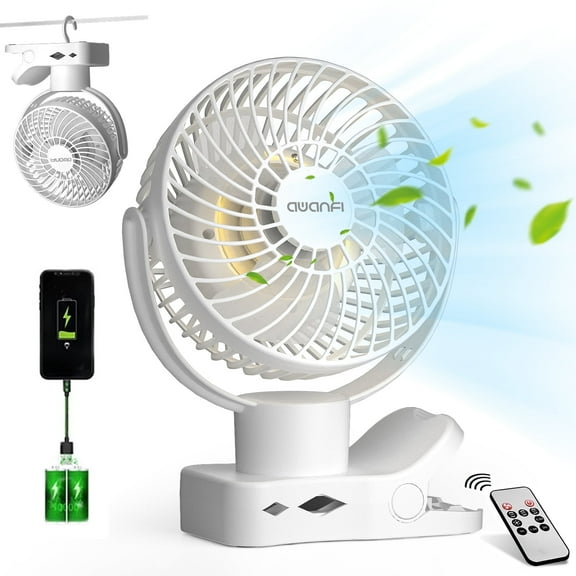 Portable Clip on Fan 10000mAh Battery Operated, Desk Fan USB Rechargeable 360°Oscillating Fans with Remote and Light, Personal Fan for Dorm Room Home Office Travel (White)