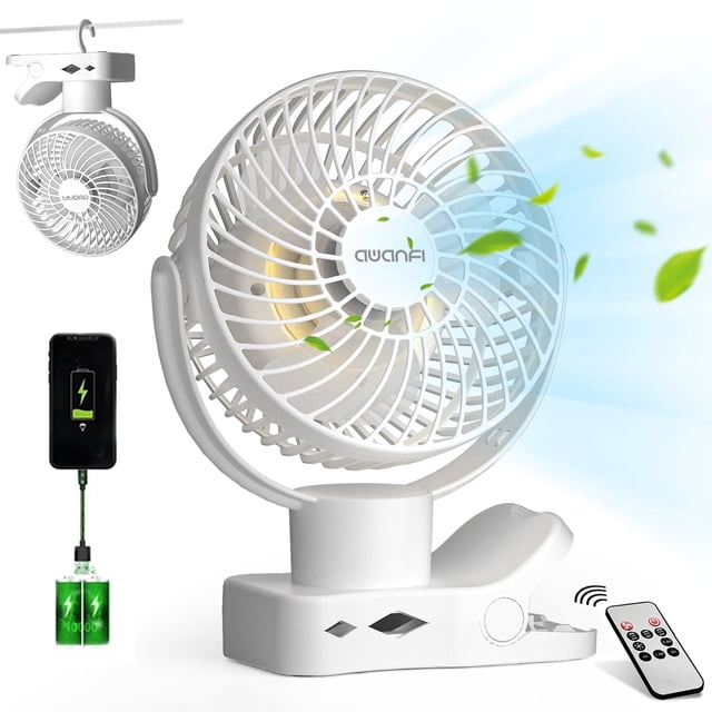 Portable Clip on Fan 10000mAh Battery Operated, Desk Fan USB Rechargeable 360°Oscillating Fans with Remote and Light, Personal Fan for Dorm Room Home Office Travel (White)