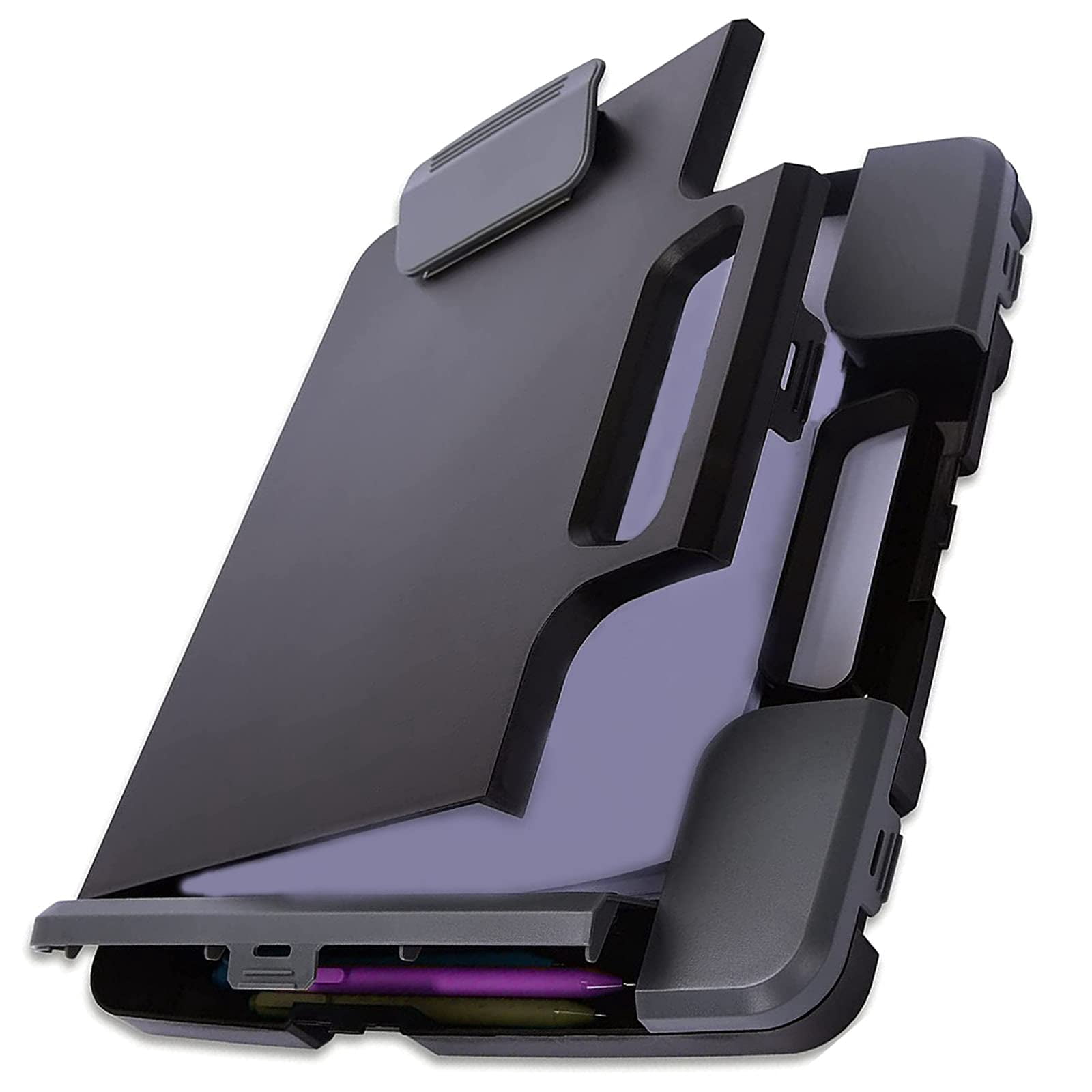 Portable Clipboard Folder With Storage  Plastic Case Side-opening Heavy Duty A4 Size Writing For Office 14.5"x12"x 1.75" Black
