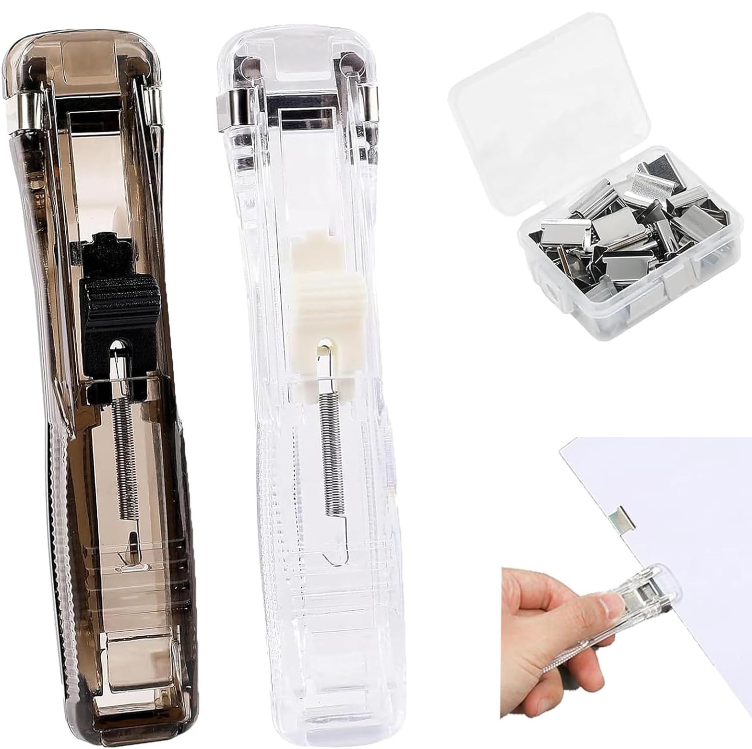 Stapper Clip Portable Clips Stapler, Push Clips Binding with 50 Reusable Clips, Mini ...