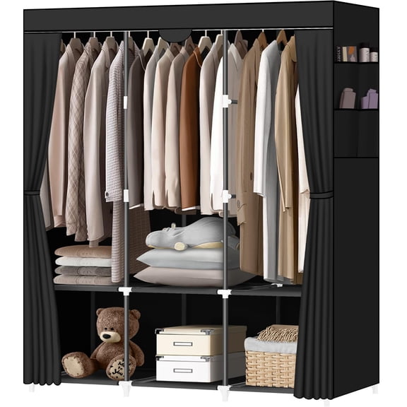Portable Closet with 3 Hanging Rods and 6 Shelves, Freestanding Wardrobe with Storage Shelves and Side Pockets, Easy Assemble Clothing Rack for Bedroom, Black