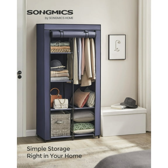 Portable Closet, 34.6 Inch Large Capacity Wardrobe Closet Organizer with Fabric Cover, Hanging Rods and Shelves for Bedroom, Living Room, Dark Blue