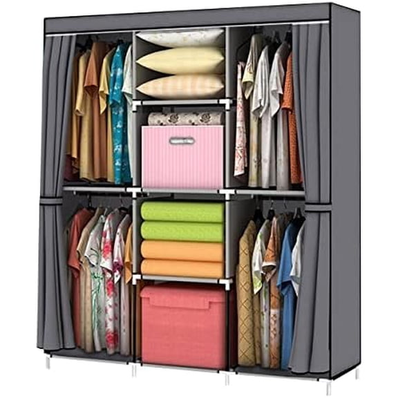 Portable Closet 50 Inch Wardrobe for Hanging Clothes with Non-Woven Fabric Cover, 4 Hang Rods and 4 Storage Organizer Shelves, Black, Quick and Easy Assembly