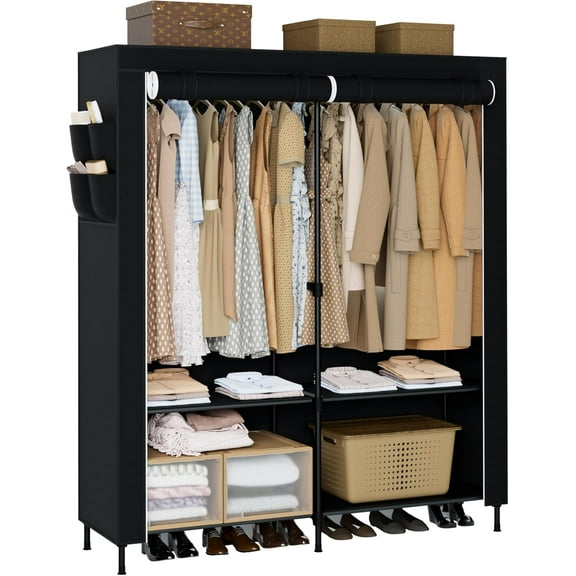 Portable Closet, 54.3 Inch Large Capacity Wardrobe Closet with Cover, Clothes Storage Organizer with Shelves and 2 Hanging Rods, Easy to Assembly, Black PCT102B01