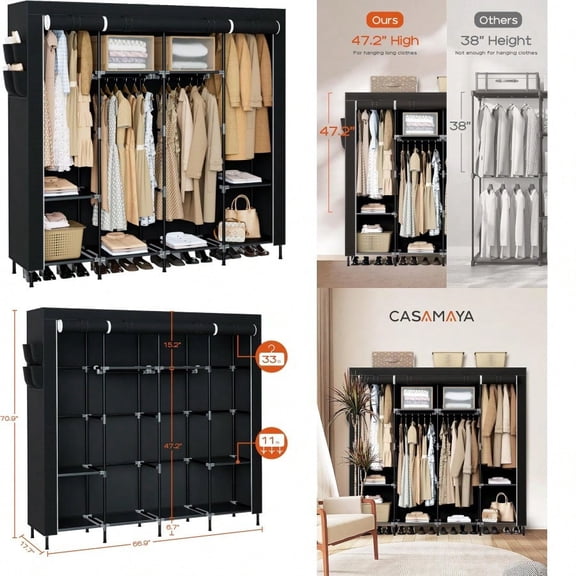 Portable Closet 66.9 Inch Large Capacity Wardrobe Closet with Cover Clothes Storage Organizer with Shees and 4 Hanging Rods Easy to Assembly Black PCT204B01