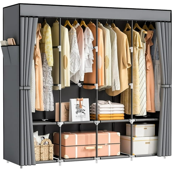 Portable Closet, 66 Inch Large Capacity Wardrobe for Closet Organizers and Storage with Non-Woven Fabric Cover, 4 Hanging Rods, 8 Shelves(Grey)