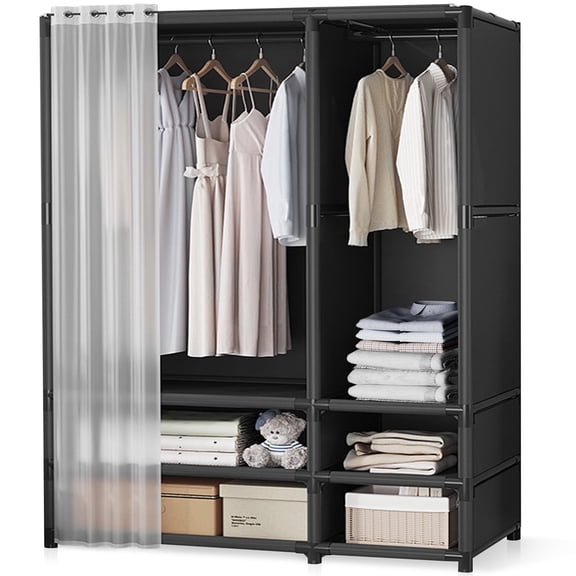 Portable Closet, Brochao Large Portable Wardrobe with 2 Hanging Aera & 4 Storage Shelves, Sturdy Clothes Storage Cabinet with Curtain for Living Room, Clothes Room, Black
