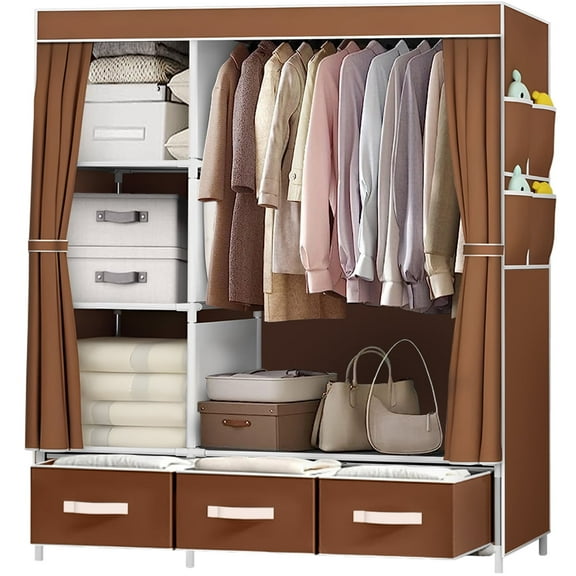 Portable Closet,Brochao Portable Wardrobe with 3 Drawer and 4 Storage Shelves and Side Pocket for Clothes Storage Organizer,Coffee