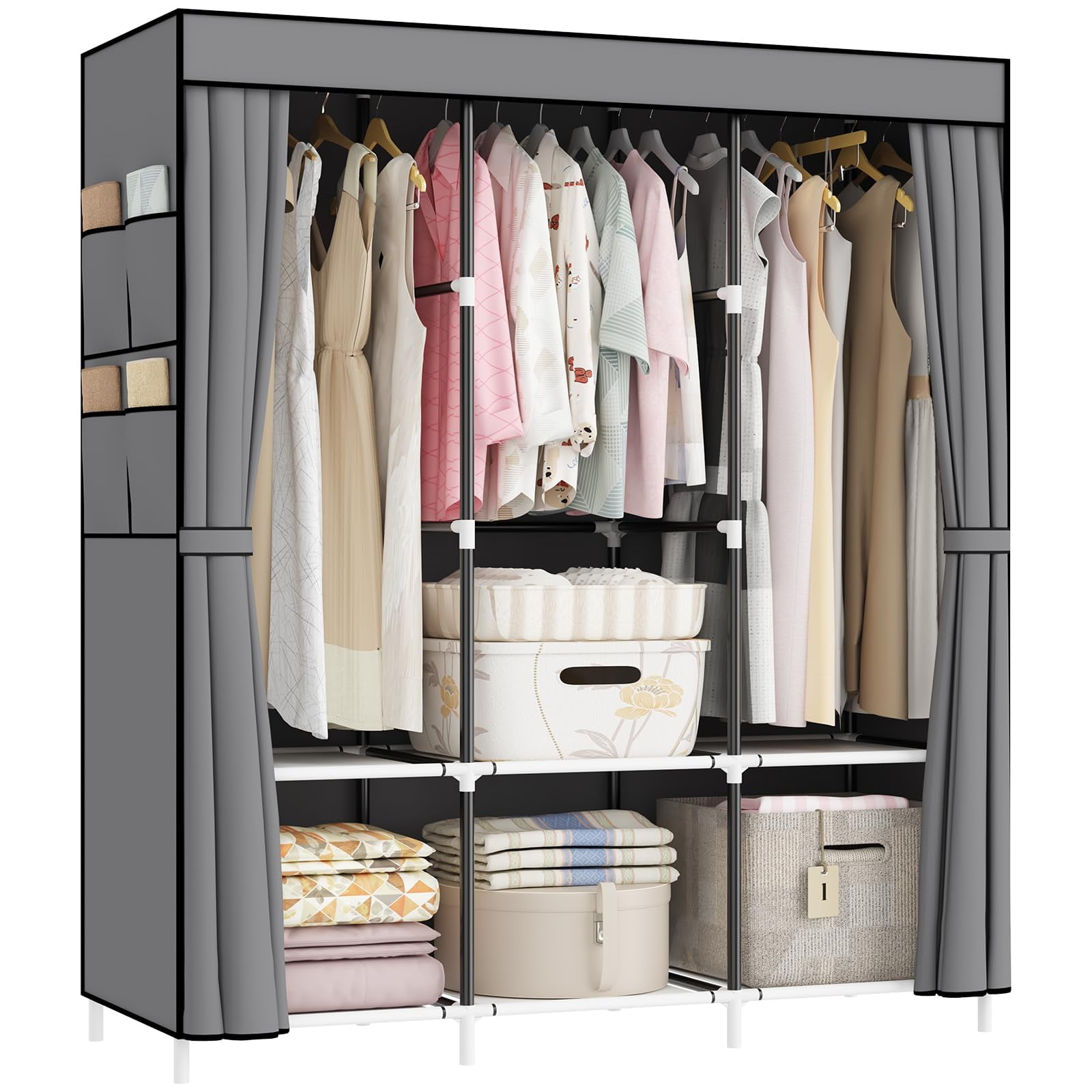 Portable Closet Portable Closets for Hanging Clothes with 3 Hanging Rods and 6 Storage Shelves and 4 Side Pockets Wardrobe Closet Easy to Assemble