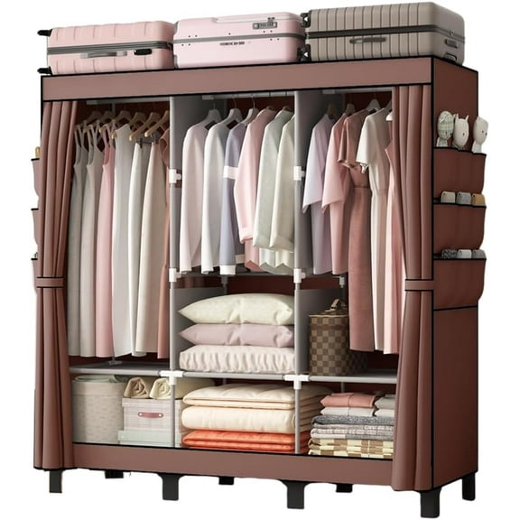 Portable Closet, Clothes Storage Box, Simple Wardrobe for Hanging Clothes, Multiple Shelves and 3 booms,18 Side Pockets 51" W*17.7" D*67.7" H (Coffee)