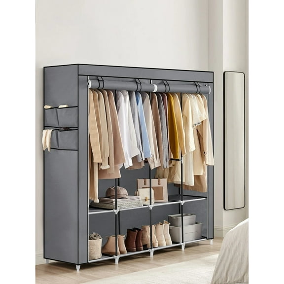 Portable Closet with Dust Cover, 4 Hanging Rods + Multi-Layer Shelves, 4 Side Pockets, 66.9×17.7×65.7 Inches Large Capacity, Clothes Storage Cabinet for Bedroom & Living Room