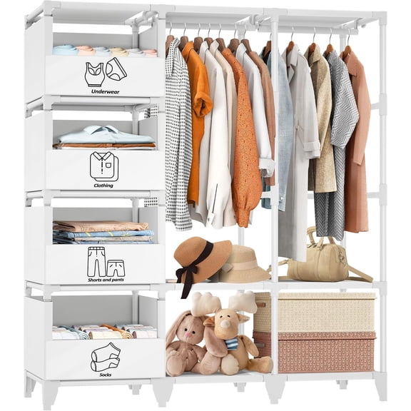 Portable Closet, Easy Assembly, Large Capacity Wardrobe Closet, Sturdy and Stable Clothes Rack with Shelves 4 Storage Baskets and 2 Hanging Rods, for Bedroom and Cloakroom White
