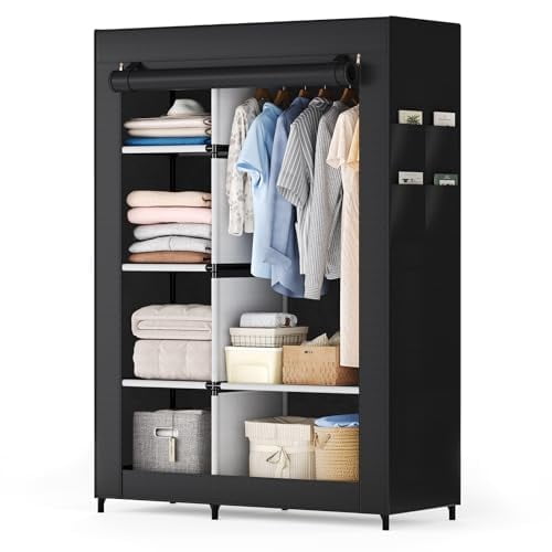 Portable Closet, Fabric Wardrobe, Clothes Storage Organizer, Wardrobe Closet with Shelves, Bedroom Armoire, Canvas Clothes Rack, Non-woven Fabric Cover, Heavy Duty Garment Rack, Black