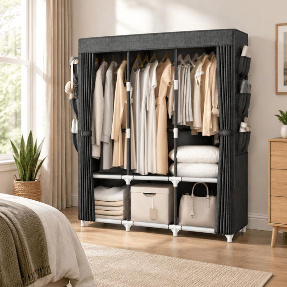 Portable Closet For Hanging Clothes 52 Inch Wide Wardrobe With Cover 6 Storshelves And 3 Rod Diameter 19mm Metal Pipe Sturdy Bedr