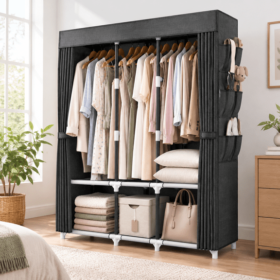 Portable Closet For Hanging Clothes 52 Inch Wide Wardrobe With Cover 6 Storshelves And 3 Rod Diameter 19mm Metal Pipe Sturdy Bedr