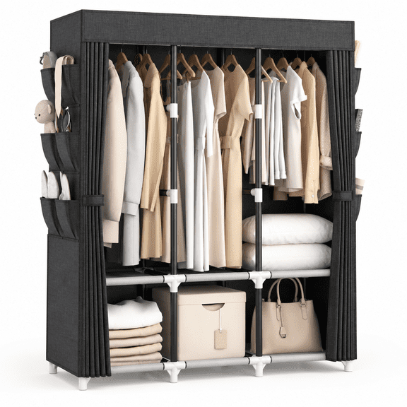 Portable Closet For Hanging Clothes 52 Inch Wide Wardrobe With Cover 6 Storshelves And 3 Rod Diameter 19mm Metal Pipe Sturdy Bedr