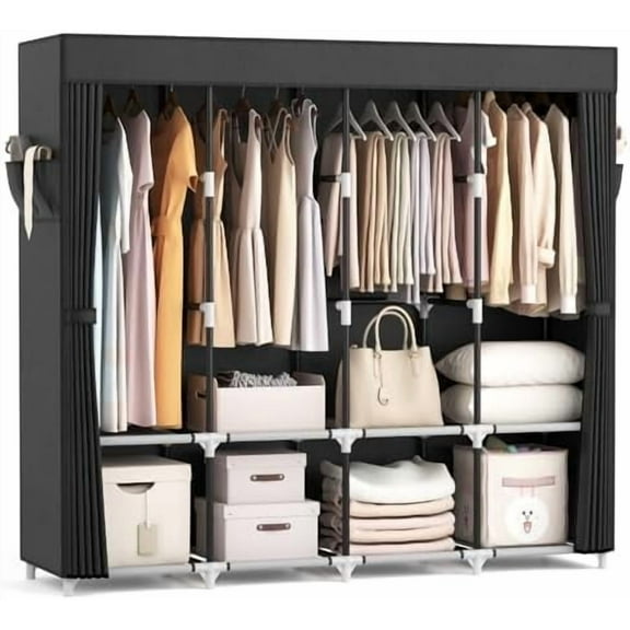 Portable Closet for Hanging Clothes 67 Inch Wide Large Capacity Portable Wardrobe Closet with Cover, 4 Storage Shelves and 4 Hanging Rod Sturdy Free Standing Closet for Bedroom, Black