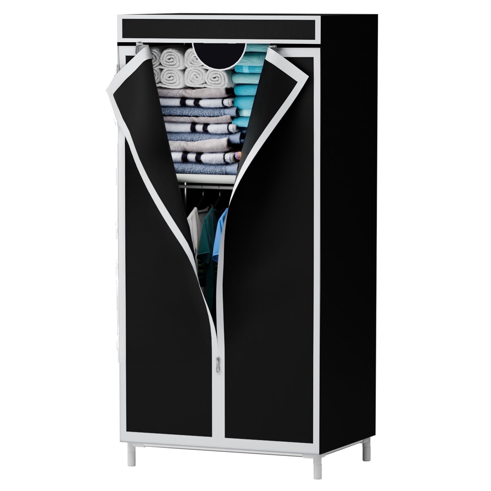 Portable Closet Organizers and Storage with Hanging & Folding Sections, Space-Saving Wardrobe Closet Organizer, Full-Cover Dustproof Hanging Clothing Rack for Bedroom, Apartment, Dorm, Black