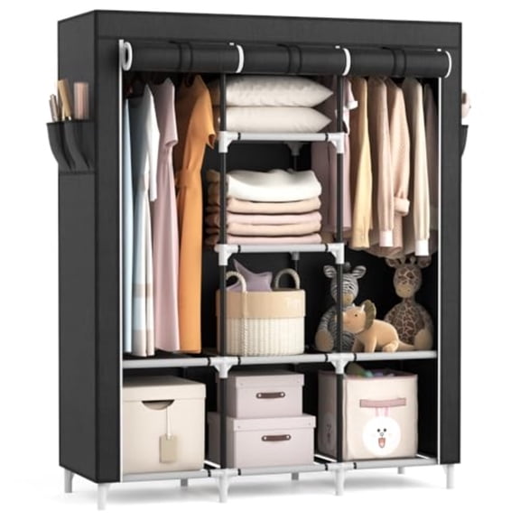 Portable Closet Large Capacity Portable Wardrobe with 2 Hanging Rods and 8 Storage Shelves Sturdy Free Standing Closet Wardrobe for Hanging Clothes with Side Pockets Black
