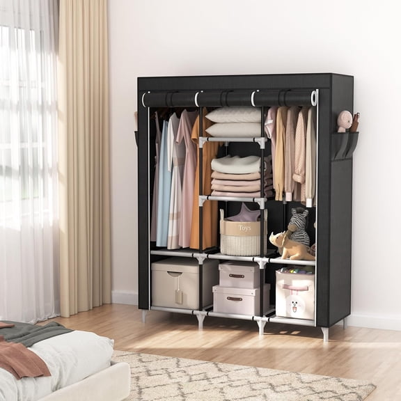 Portable Closet, Large Capacity Portable Wardrobe with 2 Hanging Rods and 8 Storage Shelves, Sturdy Free Standing Closet Wardrobe for Hanging Clothes with Side Pockets, Black