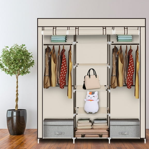 Portable Closet, Non-Woven Fabric Wardrobe with 2 Hanging Rods and 9 Storage Organizer Shelves, Sturdy Large Wardrobe Closet for Bedroom Free Standing Clothes Rack with Cover, Beige