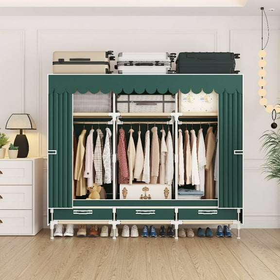 Portable Closet Organizer and Storage with 3 Hanging Rods for Hanging Clothes,Three drawers， 3 Wardrobe Closet Storage Shelves for Bedroom, Easy to Assemble