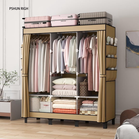 Portable Closet Organizer with 3 Rods 6 Shelves 18 Pockets Large Dustproof Wardrobe for Bedroom Dorm