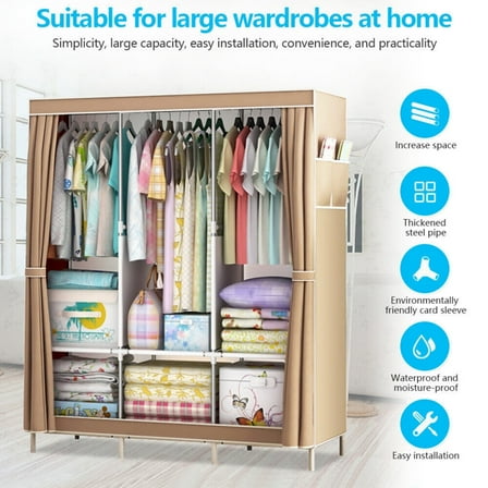 Portable Closet Organizer with Shelves Dustproof Non Woven Fabric Wardrobe Storage for Bedroom Home Easy Assembly Space Saving Clothing Rack