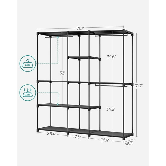 Portable Closet Organizer with Shelves, Freestanding Clothes Rack, Black, 71.7 x 16.9 x 71.7 Inches
