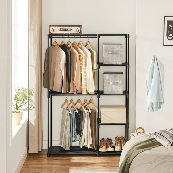 Portable Closet Organizer with Shelves and Hanging Rods, Black, 44.1 x 16.9 x 65 Inches