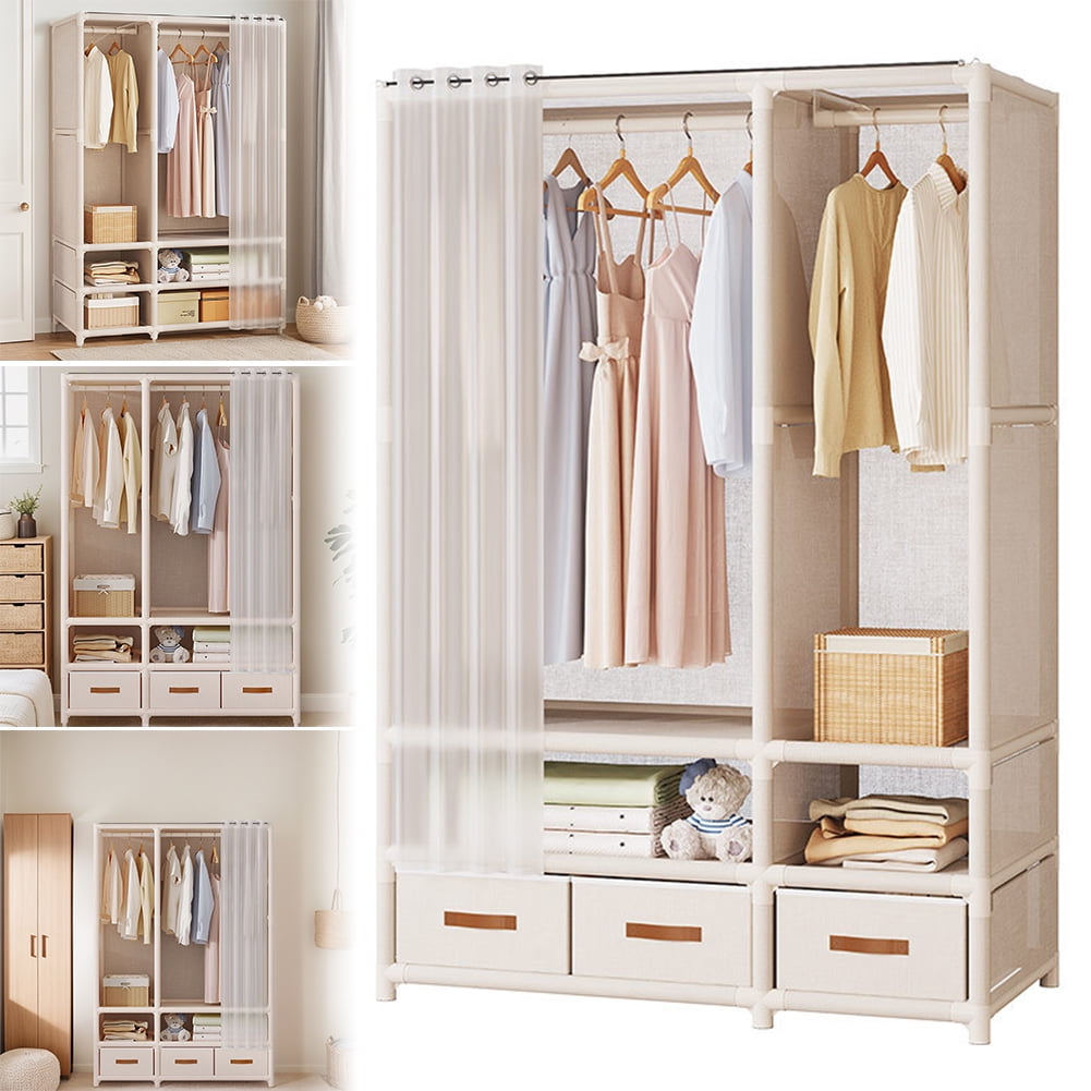 Portable Closet Organizers,Clothes Storage Wardrobe Assemble Simple Floor Hanger Storage Clothes  Non-Woven Bedroom Cabinet for Home Dorm