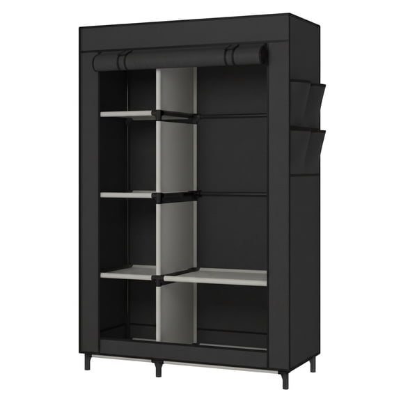 Portable Closet Organizers, Clothing Storage Wardrobe with 6 Shelves and Hanging Rod, Non-Woven Fabric Cover with 4 Side Pockets for Bedroom, Basement, Garage, Black