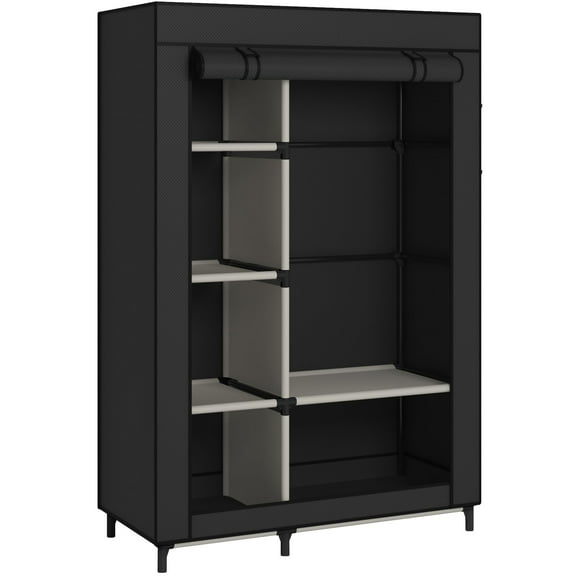 Portable Closet Organizers, Clothing Storage Wardrobe with 6 Shelves and Hanging Rod, Non-Woven Fabric Cover with 4 Side Pockets for Bedroom, Basement, Garage, Black