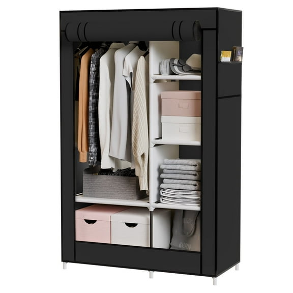 BAOKALER Portable Closet Organizer with 6 Shelves & 1 Hanging Rod, Non-woven Fabric Wardrobe Clothes Storage with 4 Side Pockets for Bedroom, Living Room, Cloakroom, Dorm, Apartment, Black